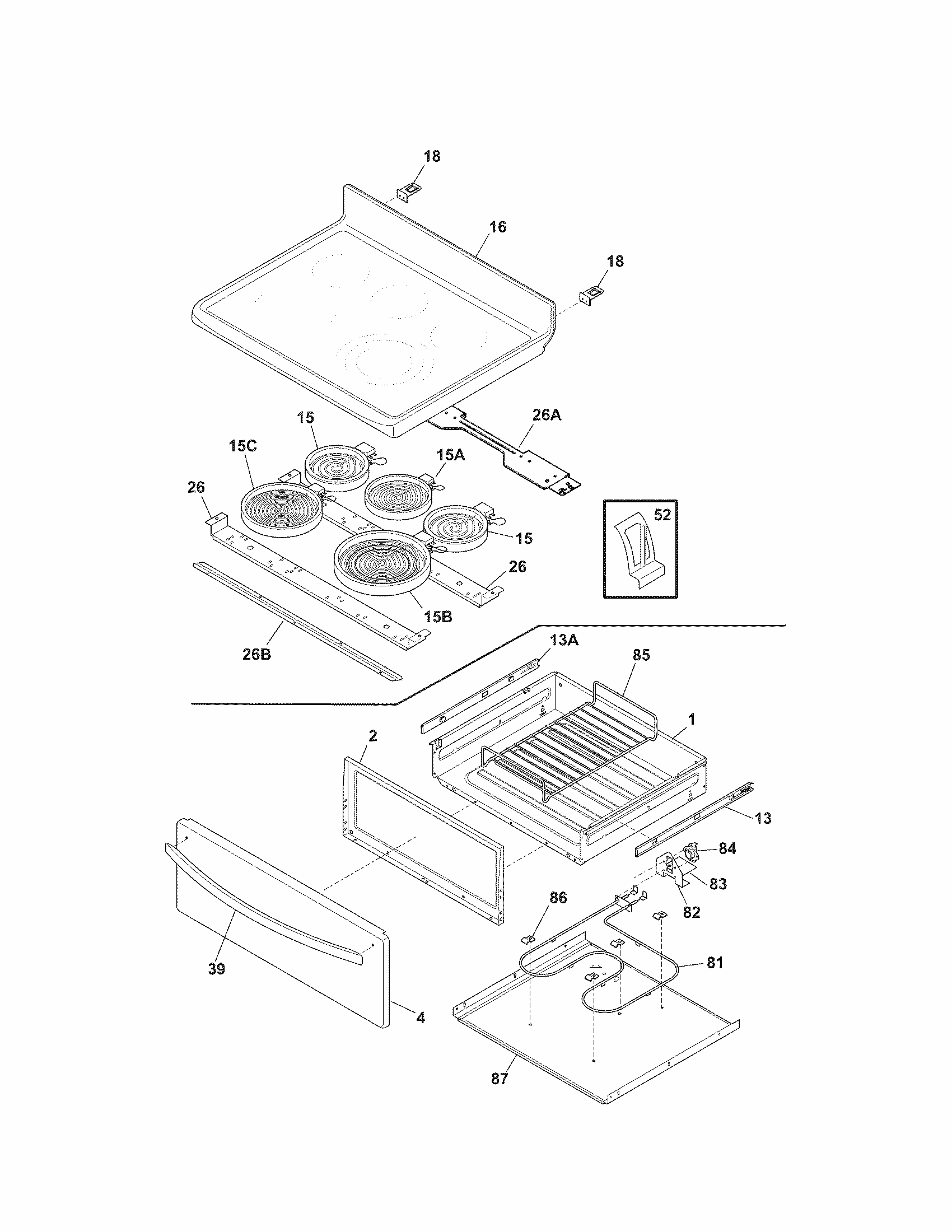 Top/drawer Diagram and Parts List for 79092903016  Kenmore Range