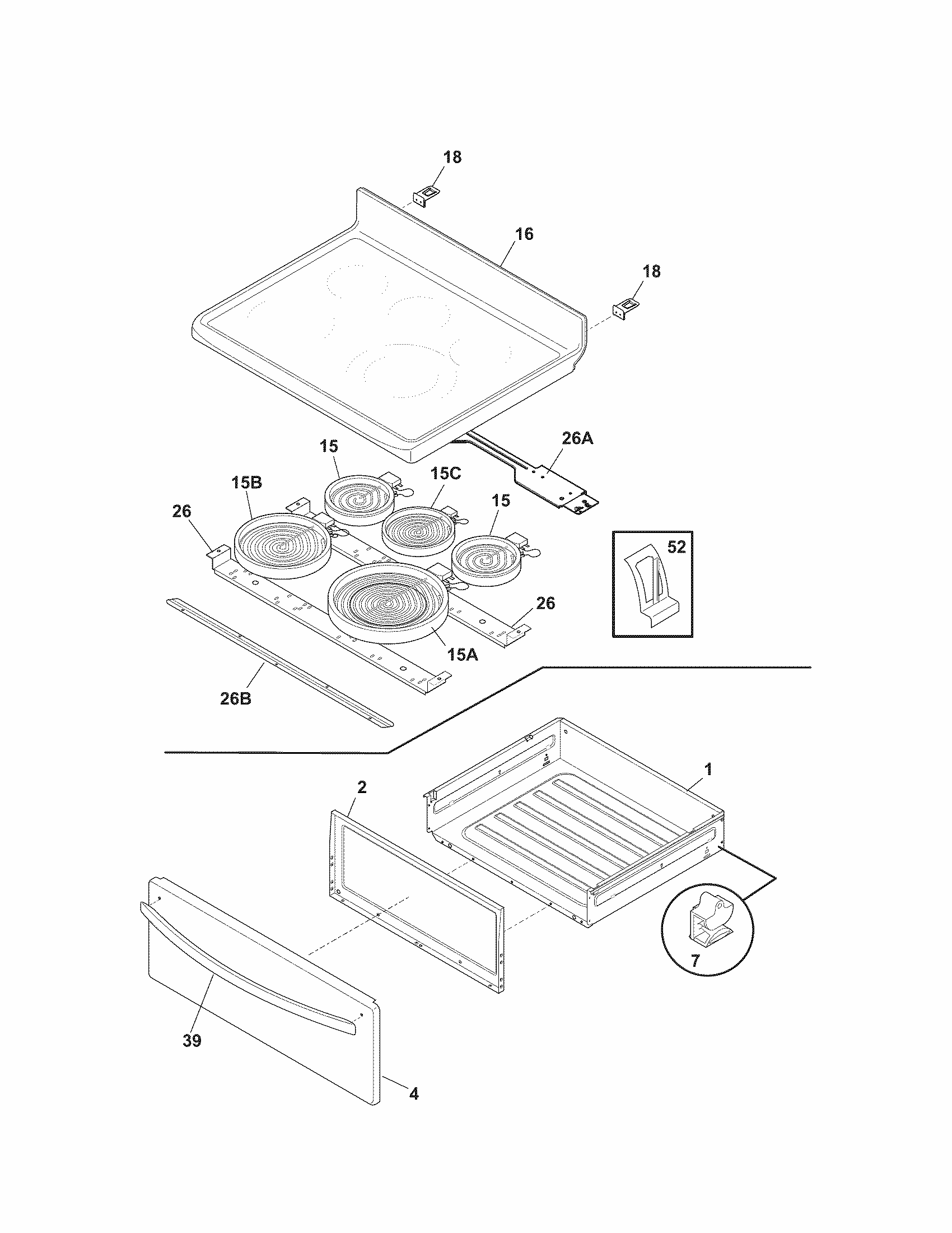 Top/drawer Diagram and Parts List for 79092603014  Kenmore Range