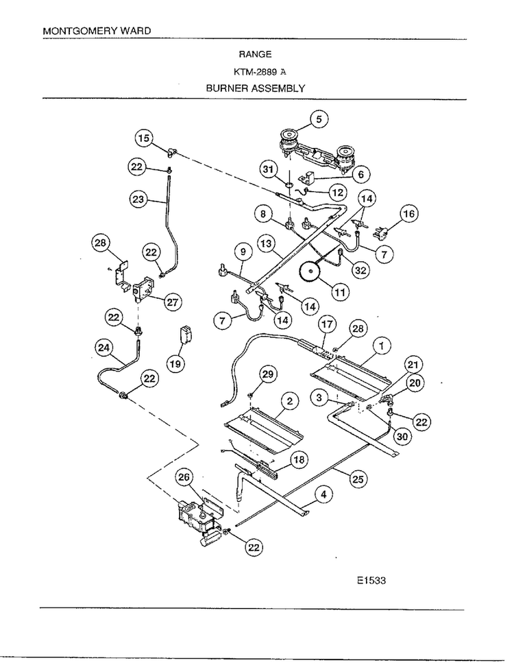 Range/ Burner Assy Diagram and Parts List for 2889A  Frigidaire Range