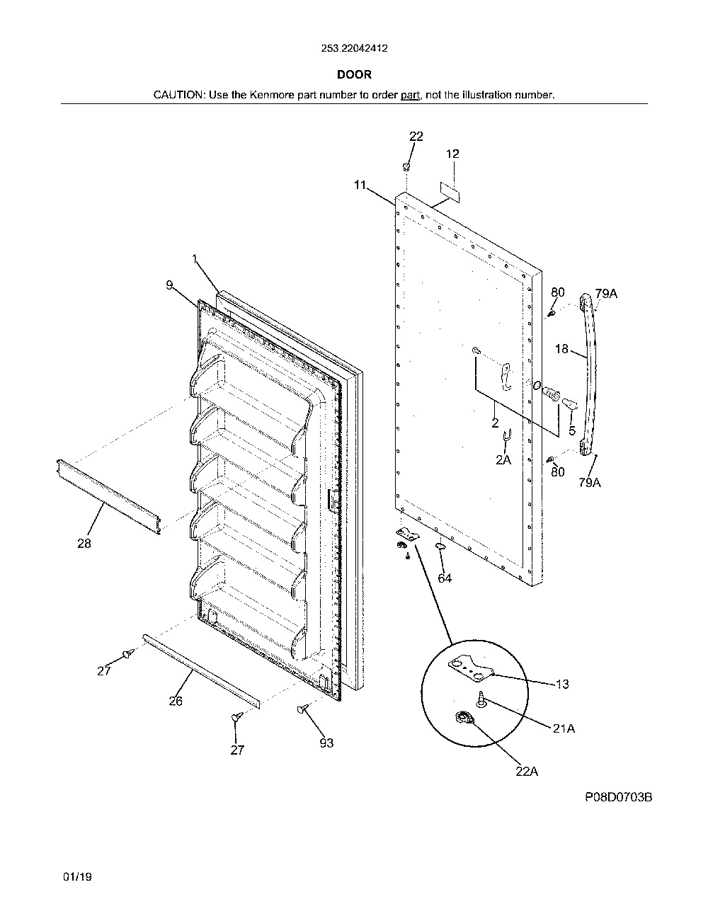 Door Diagram and Parts List for 25322042412  Kenmore Freezer