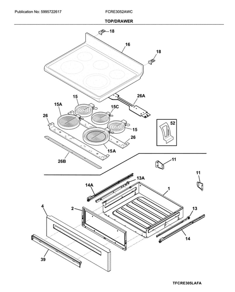 Top/Drawer Diagram and Parts List for FCRE3052AWC  Frigidaire Range