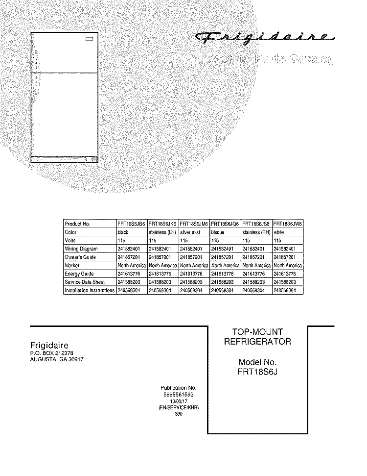 COVER Diagram and Parts List for FRT18S6JM6  Frigidaire Refrigerator