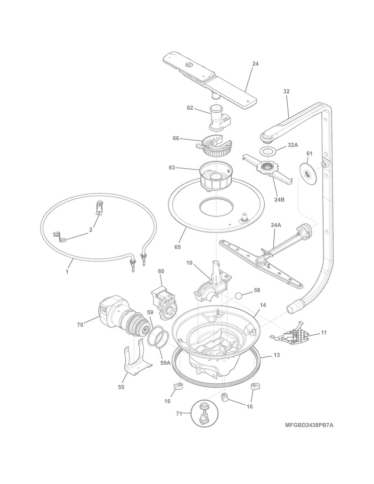 Motor & Pump Diagram and Parts List for FGBD2438PW8B  Frigidaire Dishwasher