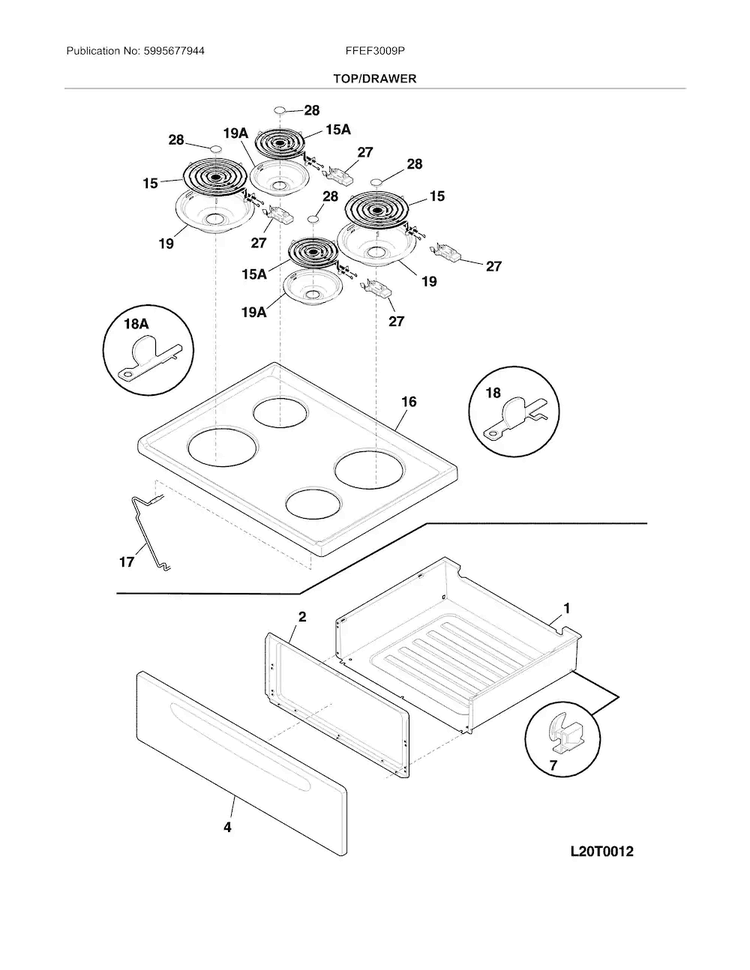 Top/drawer Diagram and Parts List for FFEF3009PWE  Frigidaire Range