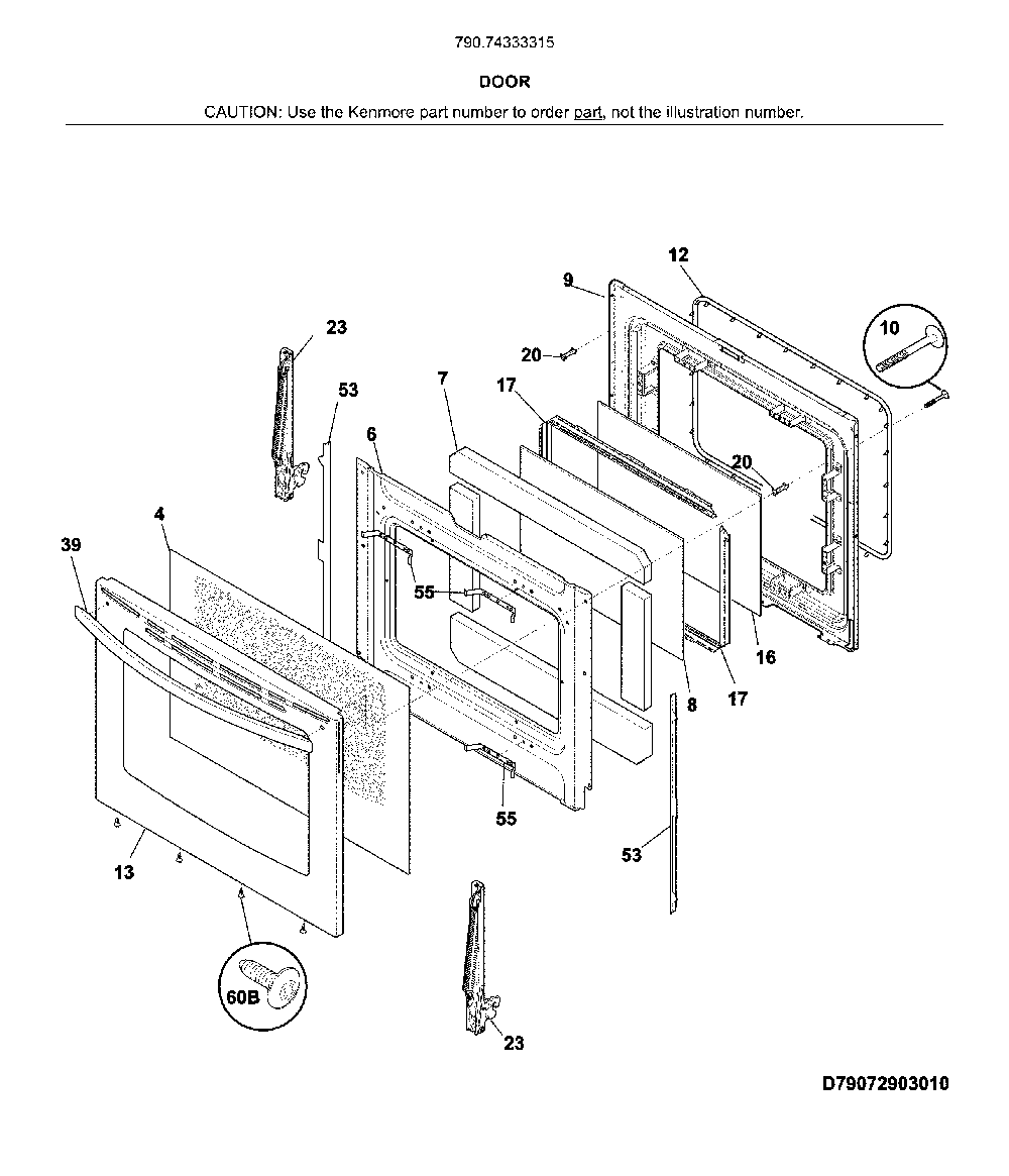 Door Diagram and Parts List for 79074333315  Kenmore Range