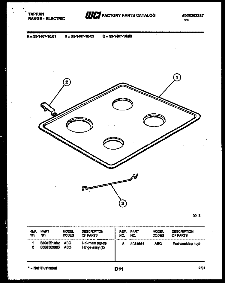COOKTOP PARTS Diagram and Parts List for 33-1467-00-03  Tappan Range