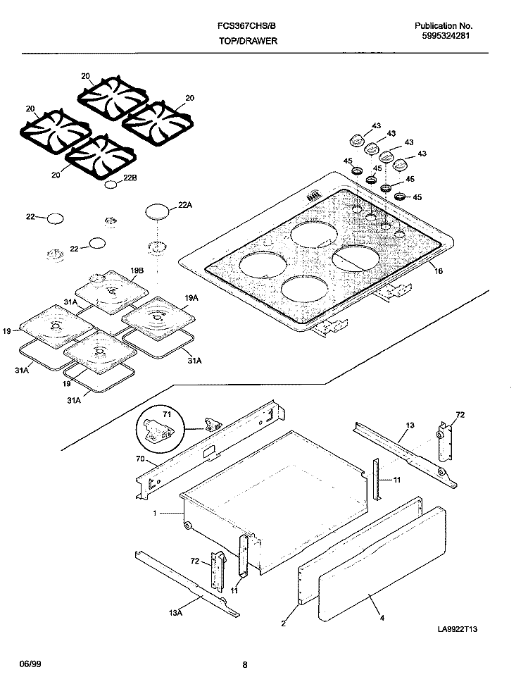 TOP / DRAWER Diagram and Parts List for FCS367CHBA  Frigidaire Range