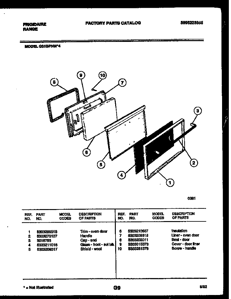 DOOR PARTS Diagram and Parts List for G31BPNW4  Frigidaire Range