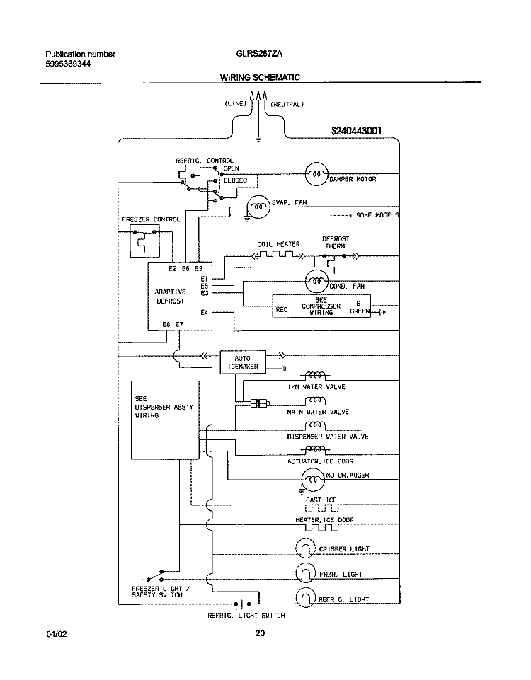 WIRING SCHEMATIC Diagram and Parts List for GLRS267ZAW3  Frigidaire Refrigerator