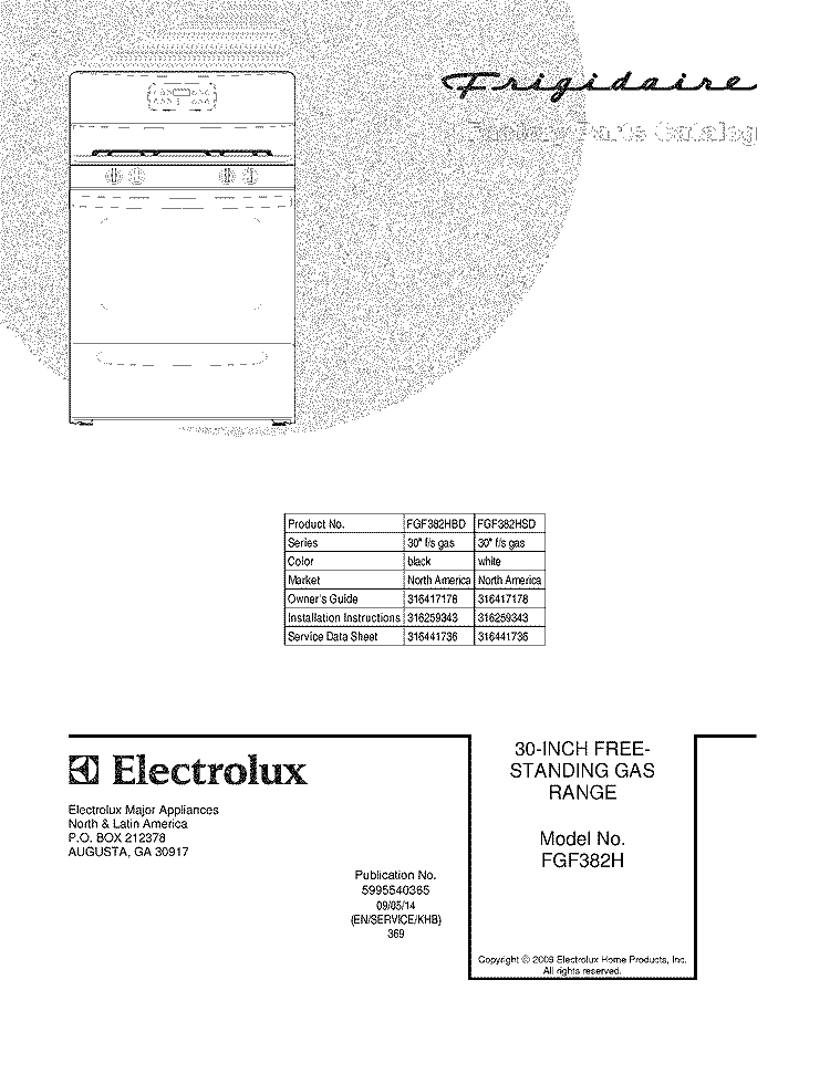 COVER Diagram and Parts List for FGF382HBD  Frigidaire Range