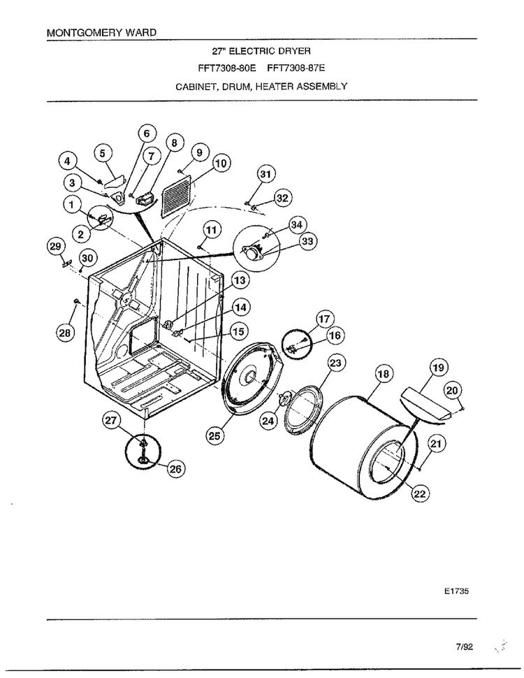 Cabinet/drum/heater Assembly Diagram and Parts List for 7308-80E  Frigidaire Dryer