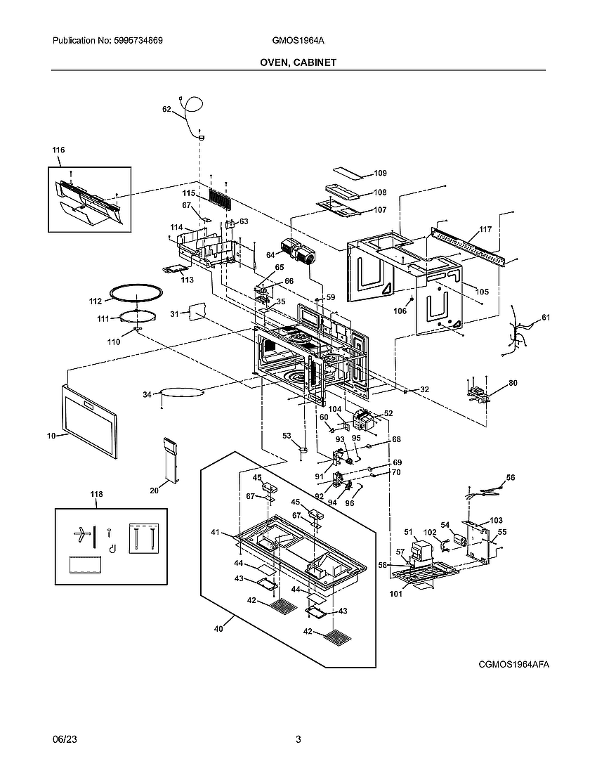 Cabinet, Oven Diagram and Parts List for GMOS1964AFA  Electrolux Microwave
