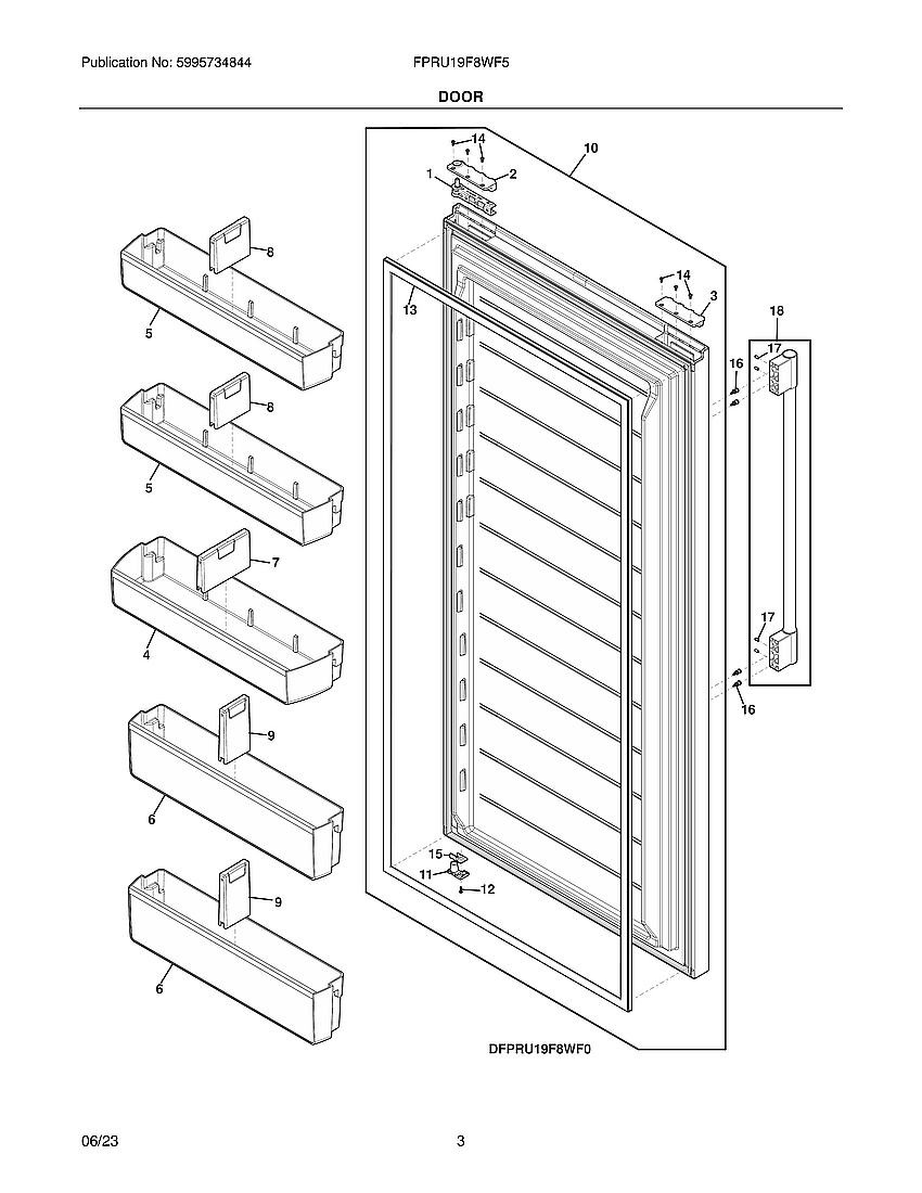 Door Diagram and Parts List for FPRU19F8WF5  Frigidaire Freezer