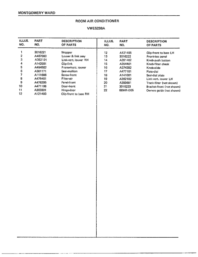 Room Air Conditioner Page 2 Diagram and Parts List for 5238A  Frigidaire Air Conditioner