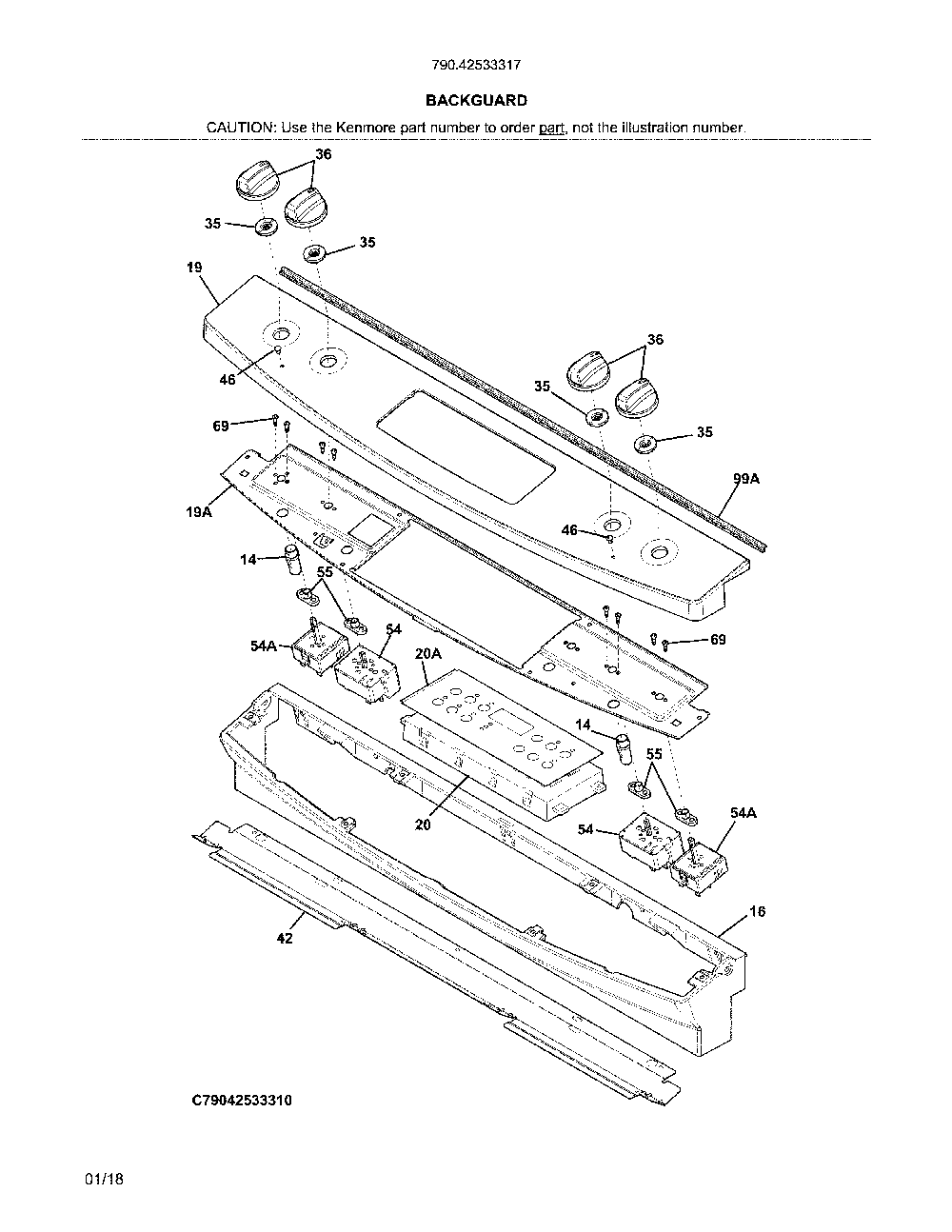Backguard Diagram and Parts List for 79042533317  Kenmore Range