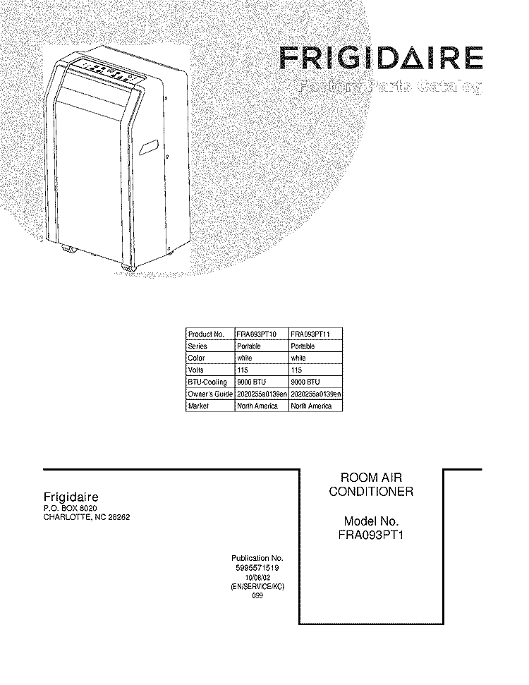 COVER Diagram and Parts List for FRA093PT10  Frigidaire Air Conditioner