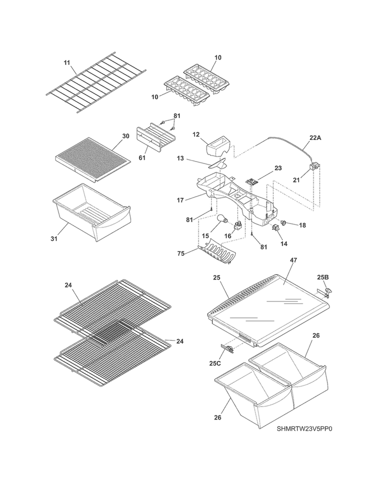 Shelves Diagram and Parts List for MRTW23V5PP1  Uni Refrigerator
