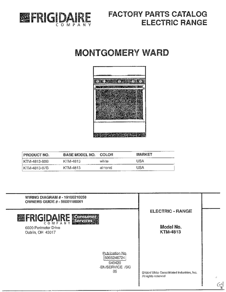 Cover Page Diagram and Parts List for 4813-80B  Frigidaire Range
