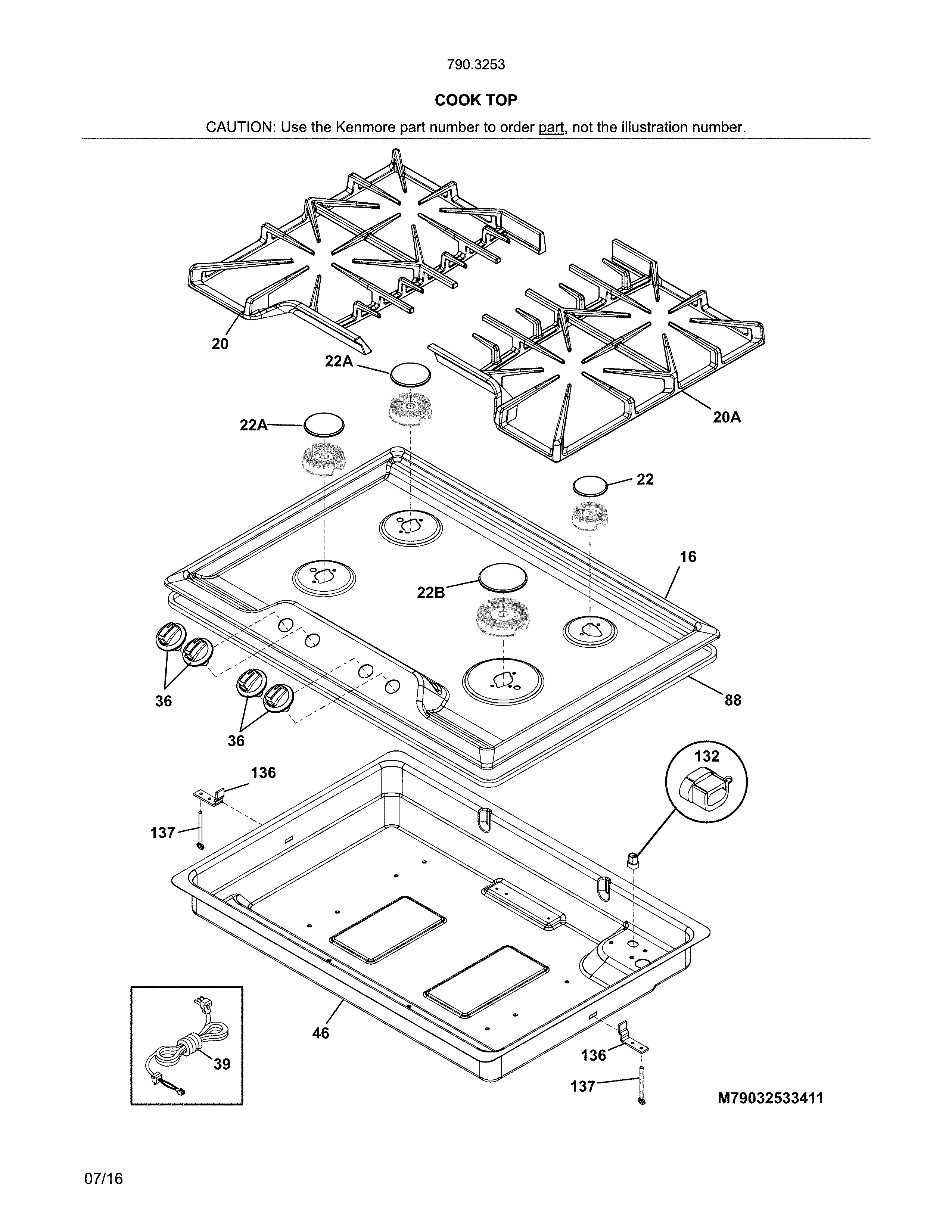 Maintop Diagram and Parts List for 79032533411  Kenmore Cooktop