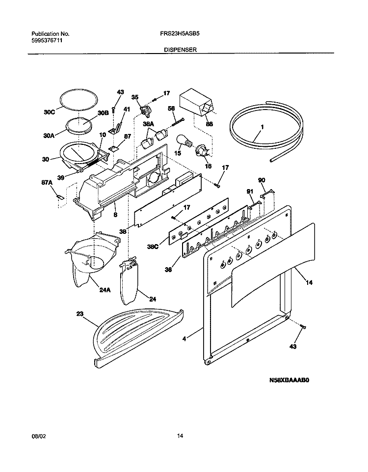 ICE & WATER DISPENSER Diagram and Parts List for FRS23H5ASB5  Frigidaire Refrigerator