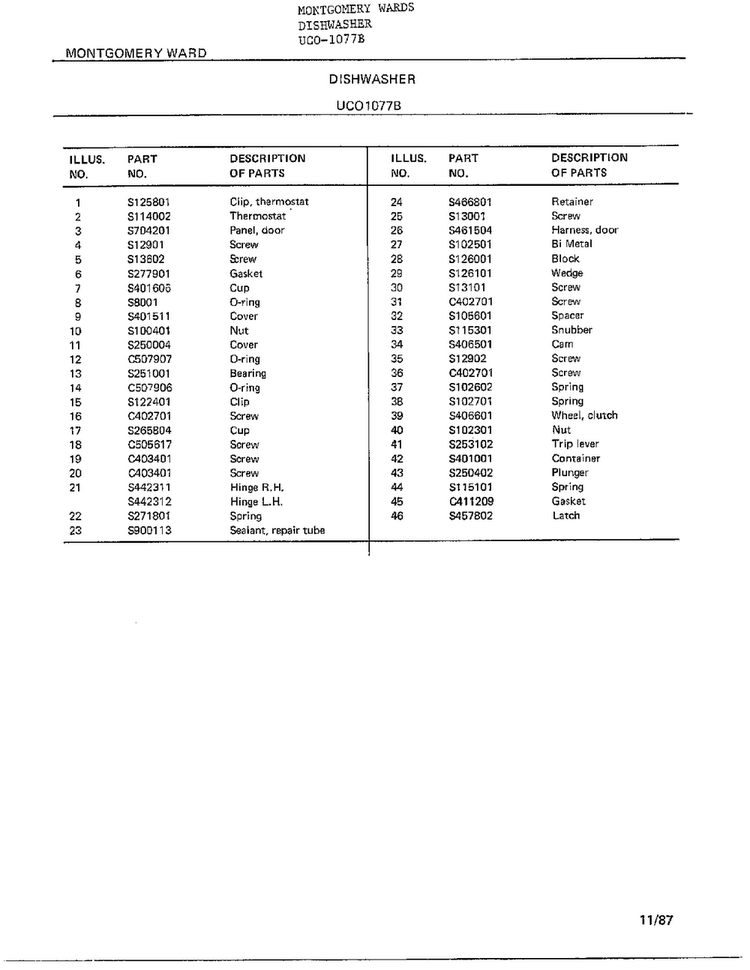 Dishwasher Page 5 Diagram and Parts List for 1077B  Frigidaire Dishwasher