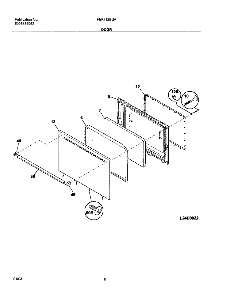 DOOR Diagram and Parts List for FEF312BSA  Frigidaire Range
