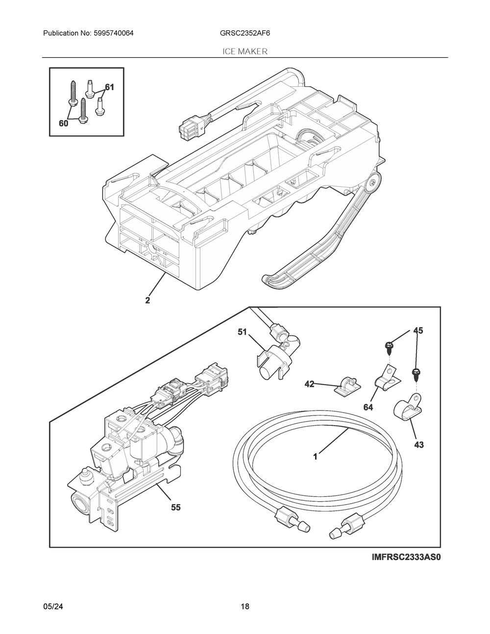Ice Maker Diagram and Parts List for GRSC2352AF6  Frigidaire Refrigerator
