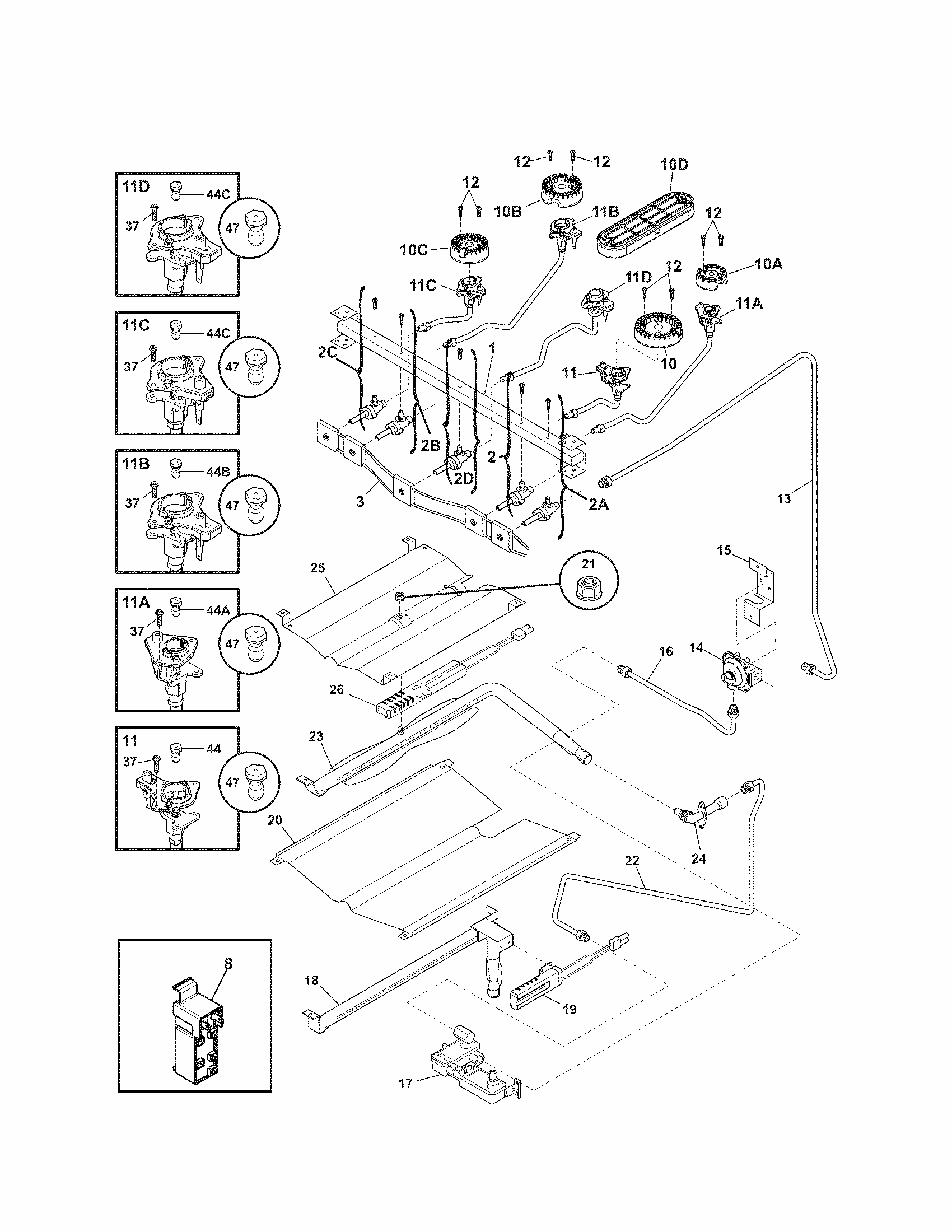 Burner Diagram and Parts List for 79072319014  Kenmore Range