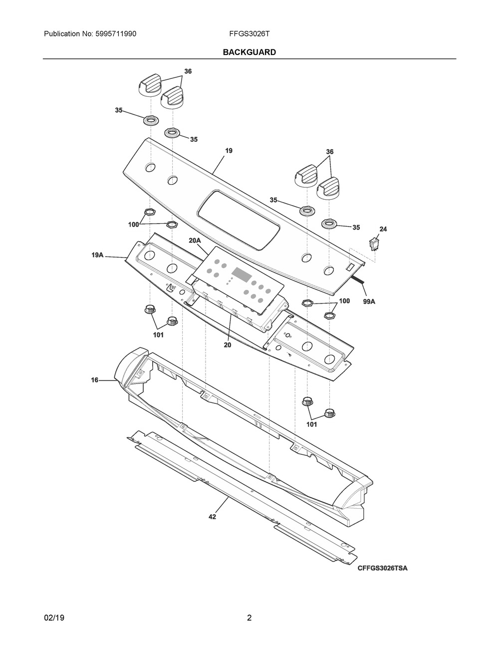 Backguard Diagram and Parts List for FFGS3026TBA  Frigidaire Range