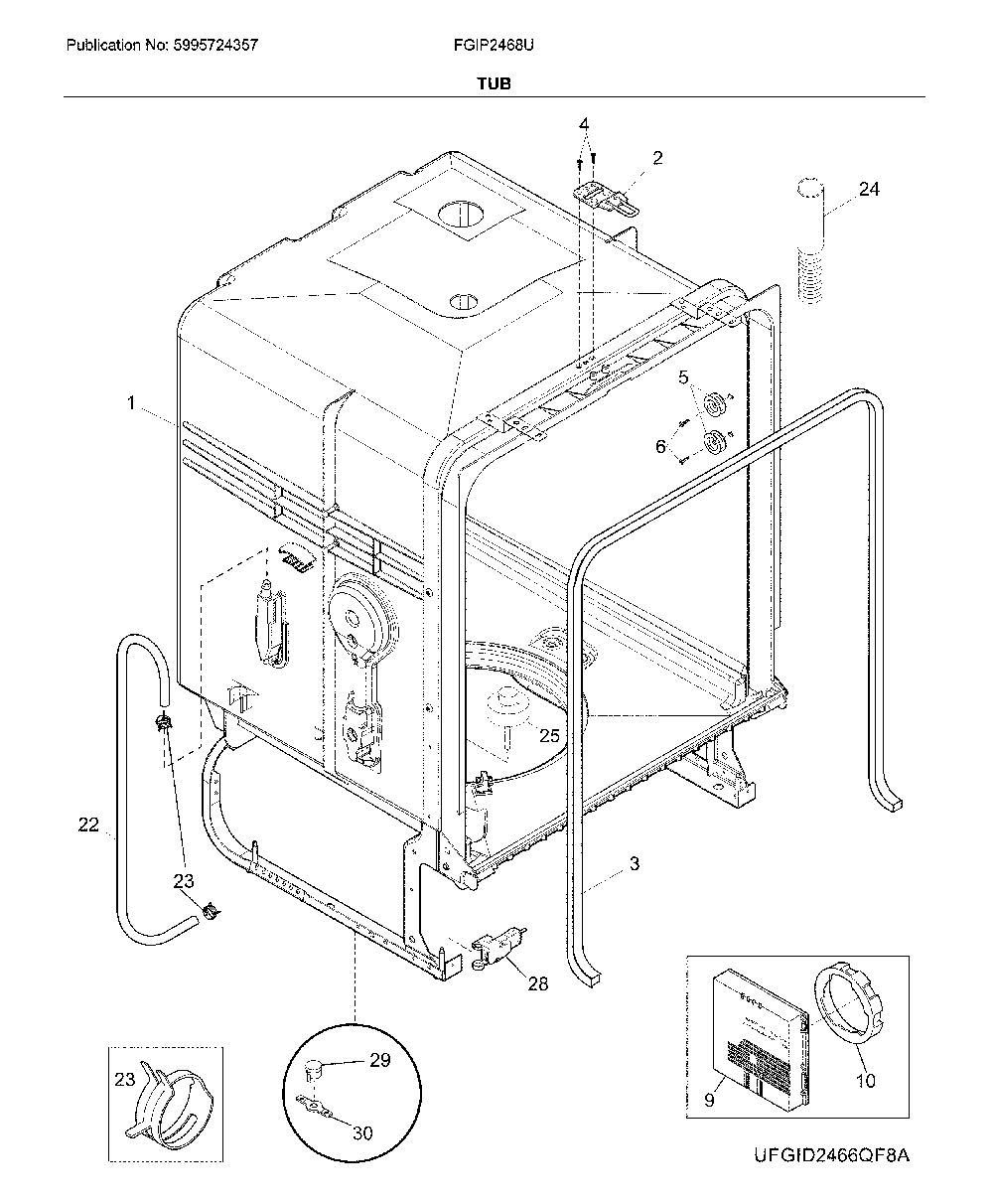 Tub Diagram and Parts List for FGIP2468UD2A  Frigidaire Dishwasher