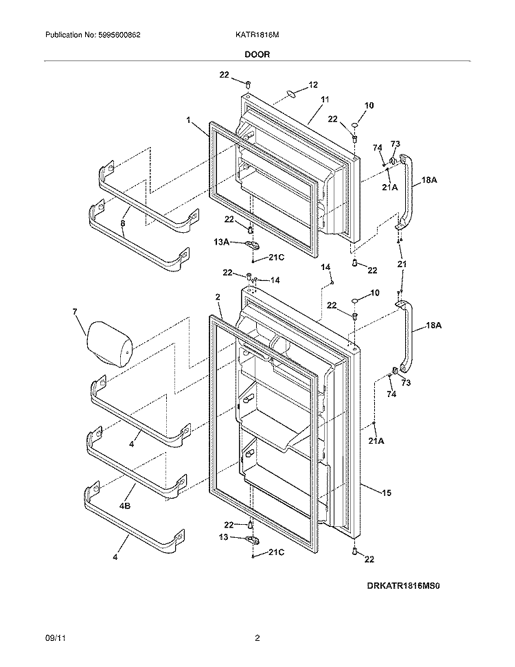 DOORS Diagram and Parts List for KATR1816MW2  Kelvinator Refrigerator