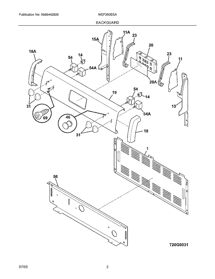 BACKGUARD Diagram and Parts List for WEF350ESA  Westinghouse Range