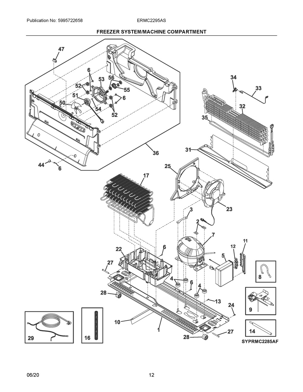 Freezer System/Machine Compartment Diagram and Parts List for ERMC2295AS  Frigidaire Refrigerator