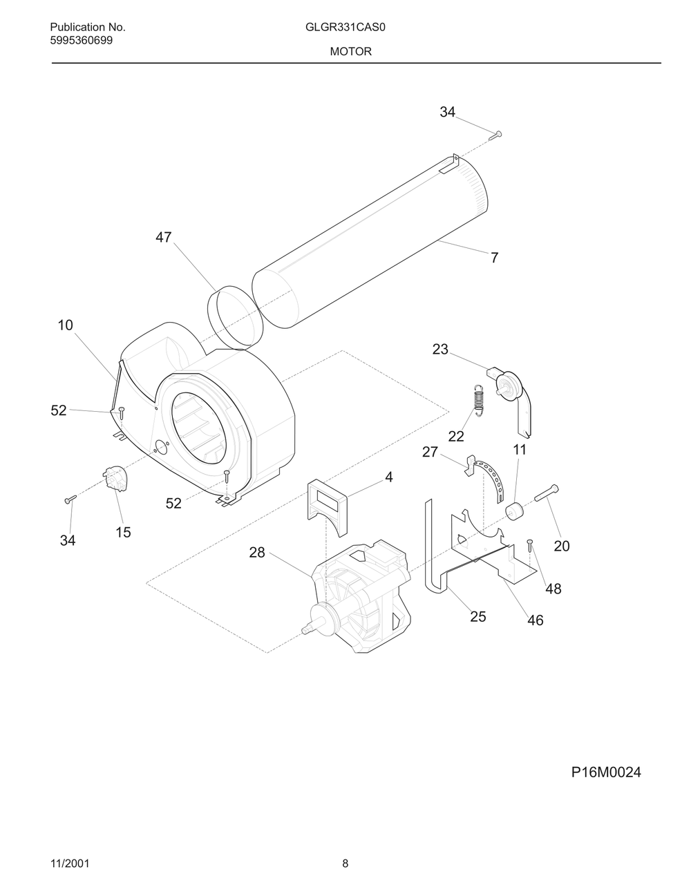 Motor Diagram and Parts List for GLGR331CAS0  Frigidaire Dryer