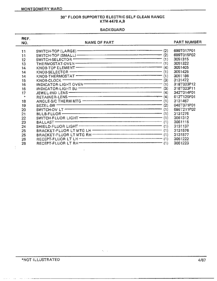 30" Floor Supported Elec Backguard Page 2 Diagram and Parts List for 4478B  Frigidaire Range