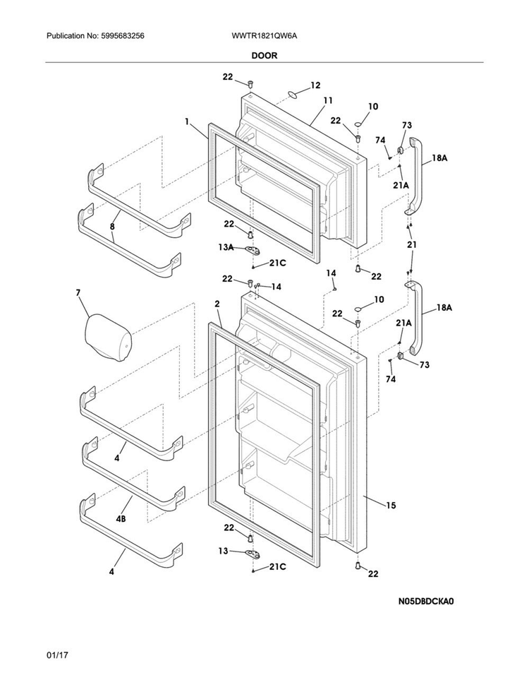 Door Diagram and Parts List for WWTR1821QW6A  Westinghouse Refrigerator