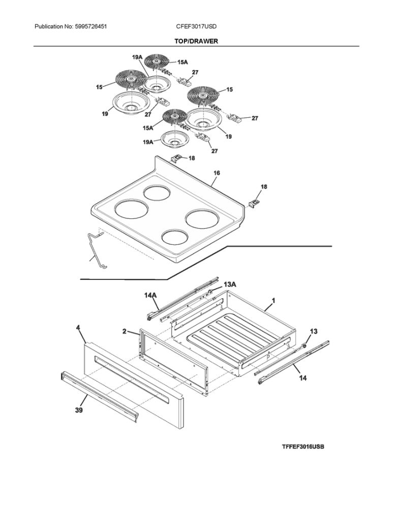 Top/Drawer Diagram and Parts List for CFEF3017USD  Frigidaire Range