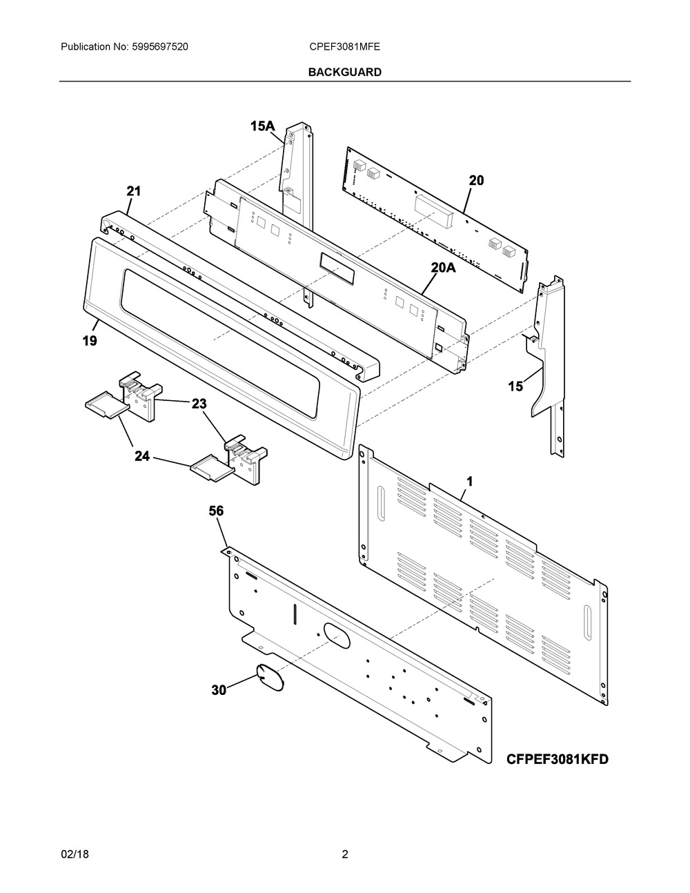 Backguard Diagram and Parts List for CPEF3081MFE  Frigidaire Range