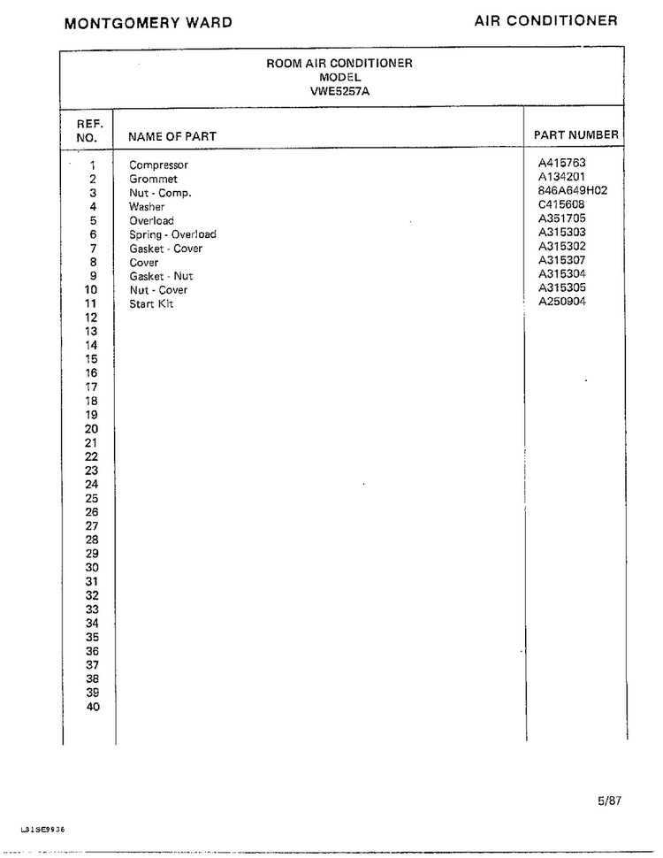 Air Conditioner Page 8 Diagram and Parts List for 5257A  Frigidaire Air Conditioner