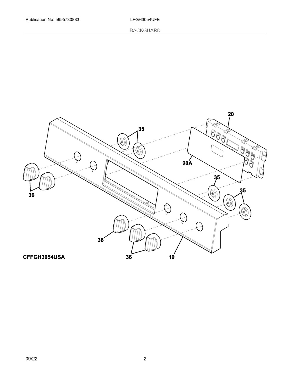 Backguard Diagram and Parts List for LFGH3054UFE  Frigidaire Range