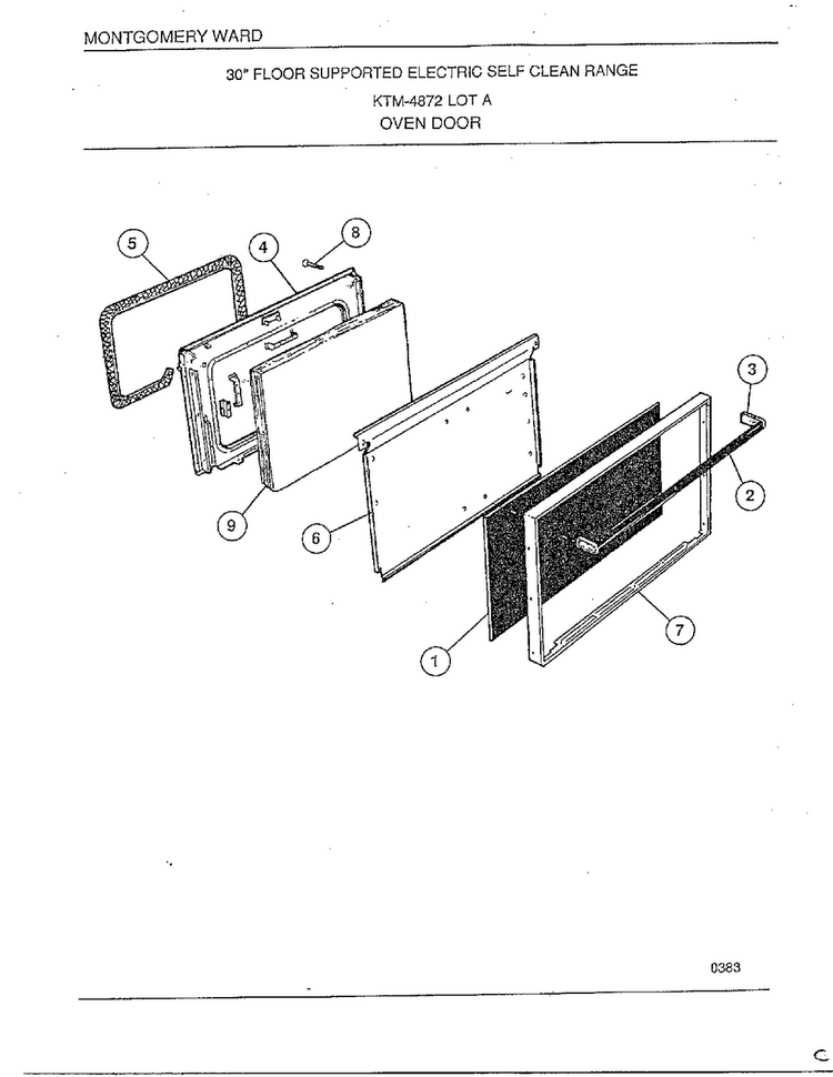 Oven Door Diagram and Parts List for 4872A  Frigidaire Range