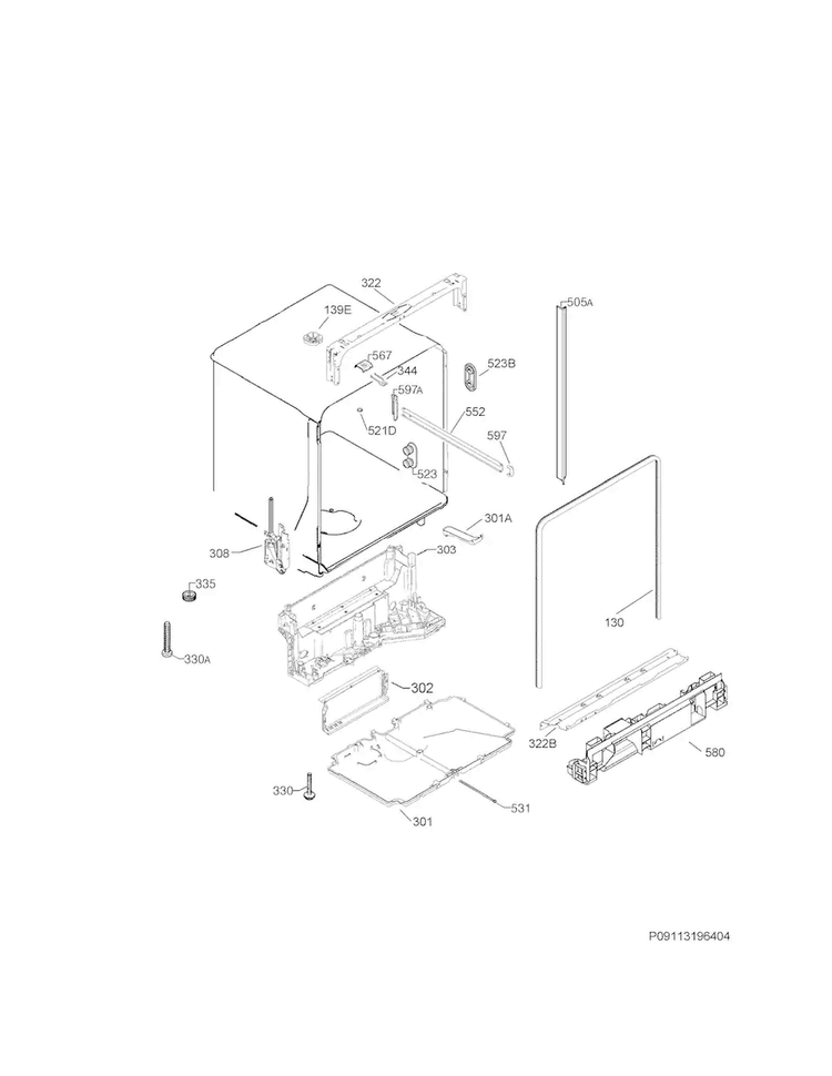 Tub & Frame Diagram and Parts List for FGID2474QW3B  Frigidaire Dishwasher
