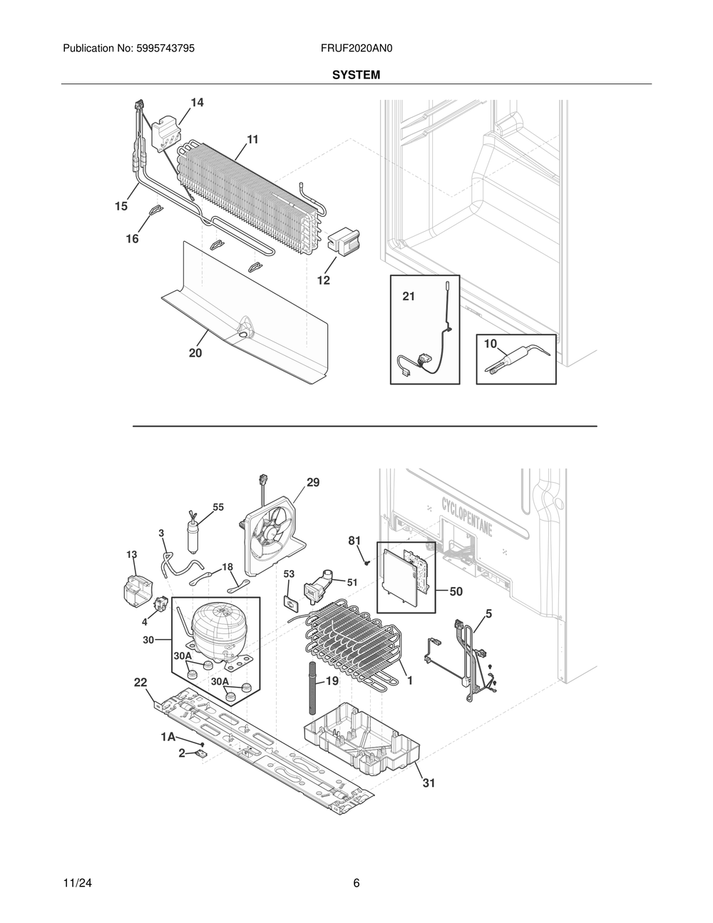 System Diagram and Parts List for FRUF2020AN0  Frigidaire Freezer