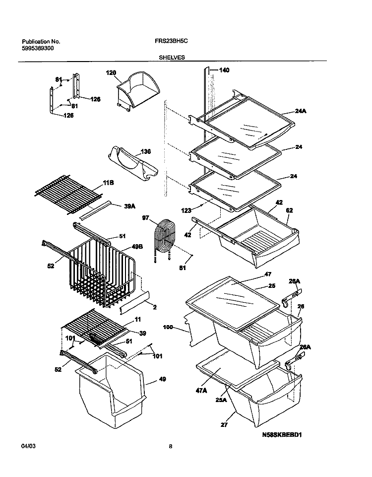 SHELVES Diagram and Parts List for FRS23BH5CQ0  Frigidaire Refrigerator