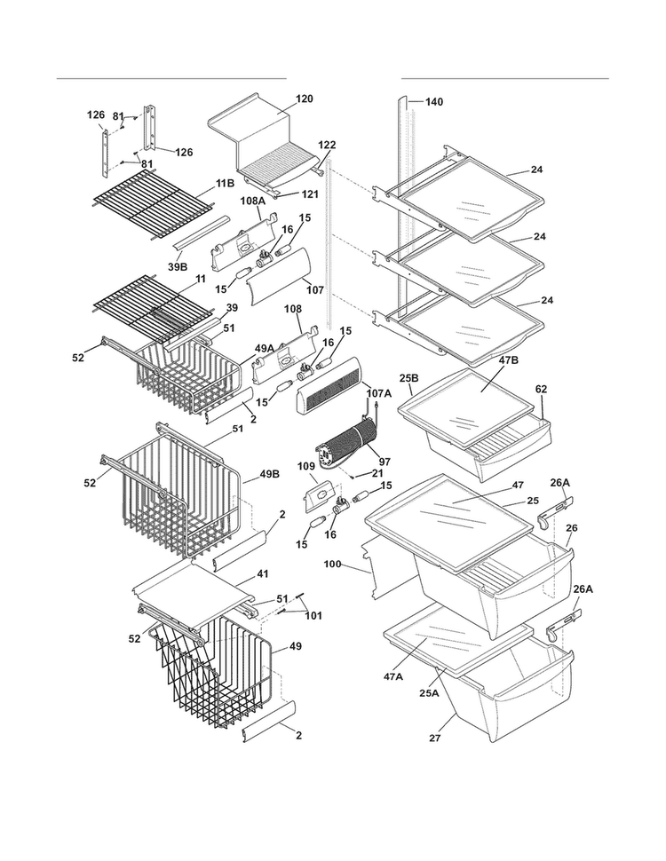 Shelves Diagram and Parts List for FPHC2398LF4  Frigidaire Refrigerator