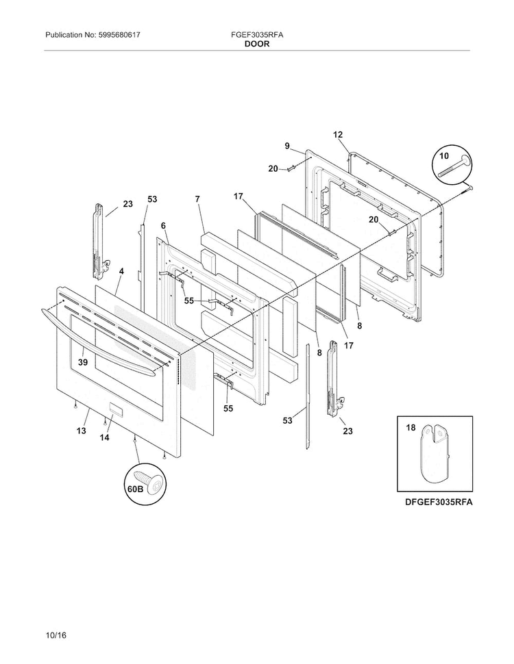 Door Diagram and Parts List for FGEF3035RFA  Frigidaire Range