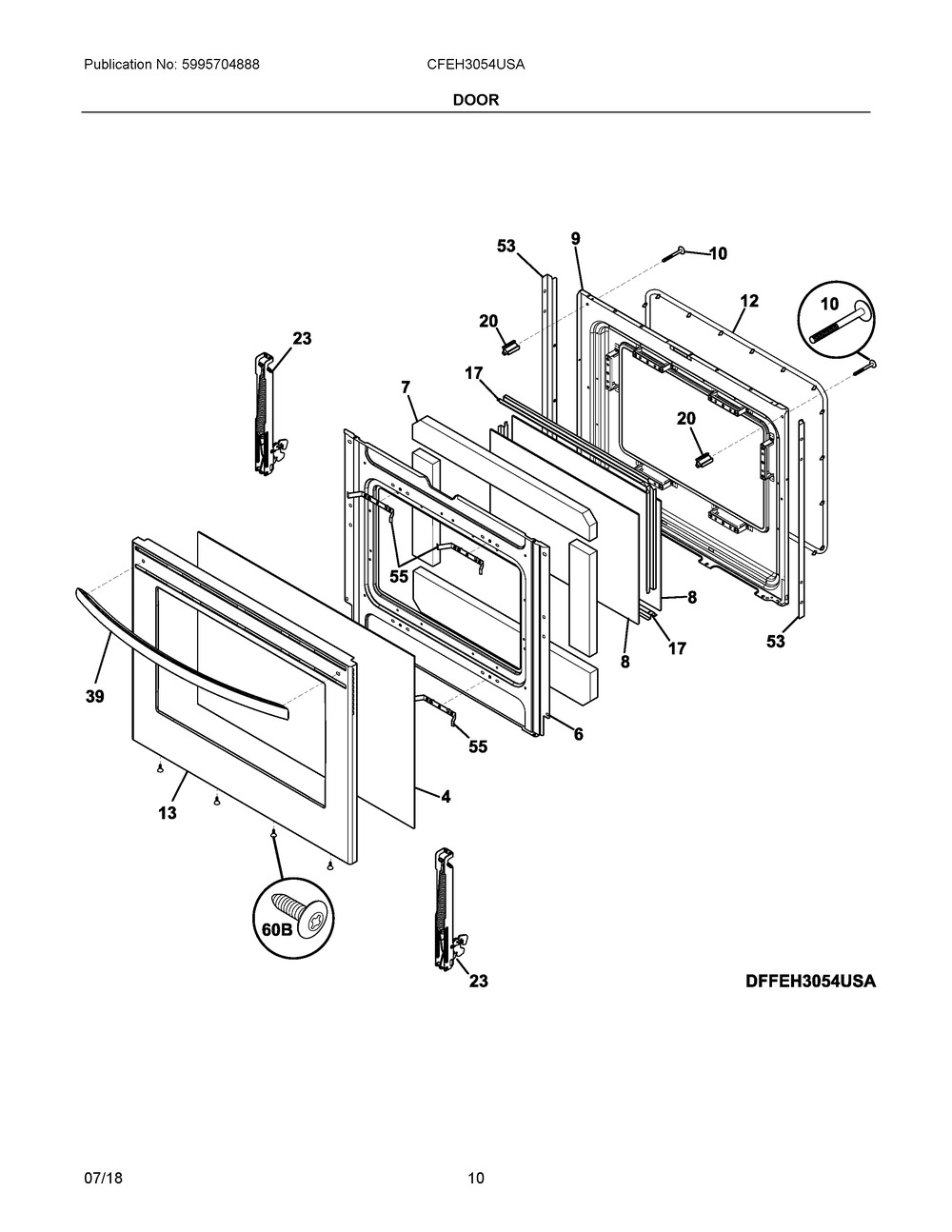 Door Diagram and Parts List for CFEH3054USA  Frigidaire Range