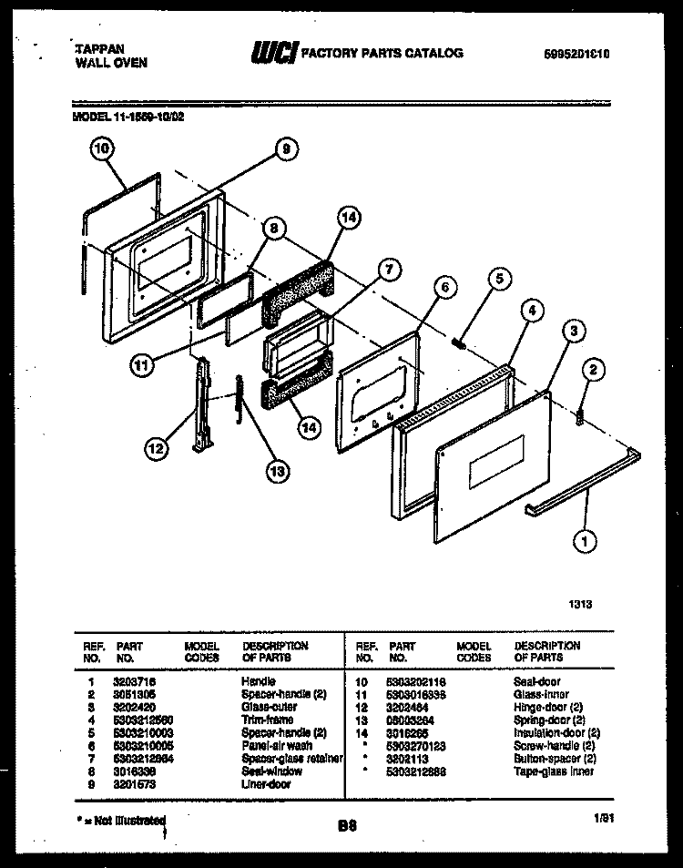 DOOR PARTS Diagram and Parts List for 11-1559-00-02  Tappan Wall Oven