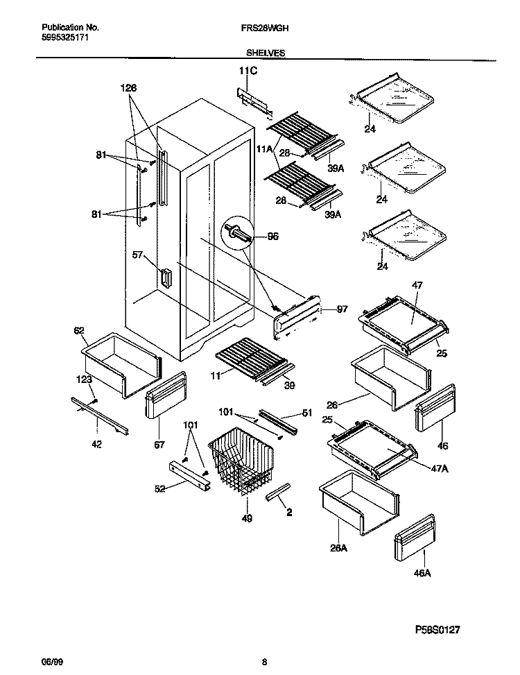 SHELVES Diagram and Parts List for FRS26WGHW2  Frigidaire Refrigerator