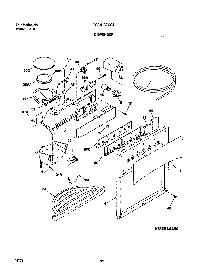DISPENSER Diagram and Parts List for GS23HSZCC1  Frigidaire Refrigerator